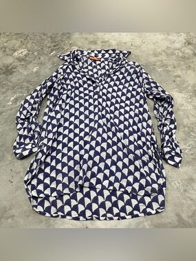 Oliphant Geometric Pattern Blouse Tunic Size Large Blue White Long Sleeve